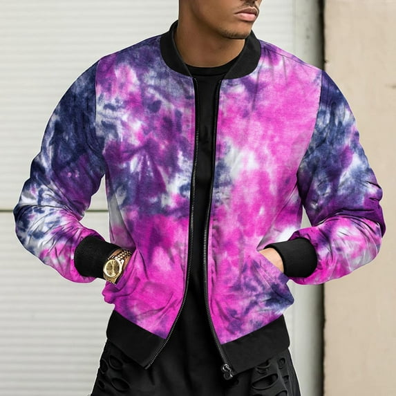 Utoimkio Men's Casual Stand Collar Jacket Tie-dye Printed Long Sleeve Full Zipper Jackets Fall Winter Outwear with Pockets