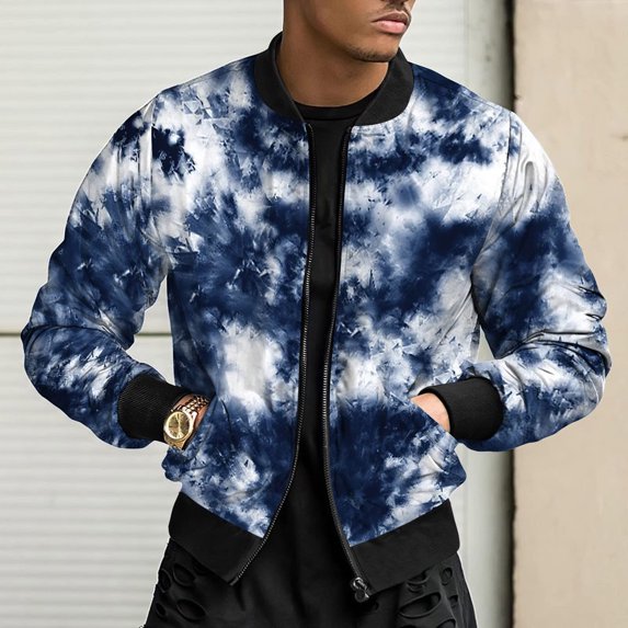Utoimkio Men's Casual Stand Collar Jacket Tie-dye Printed Long Sleeve Full Zipper Jackets Fall Winter Outwear with Pockets