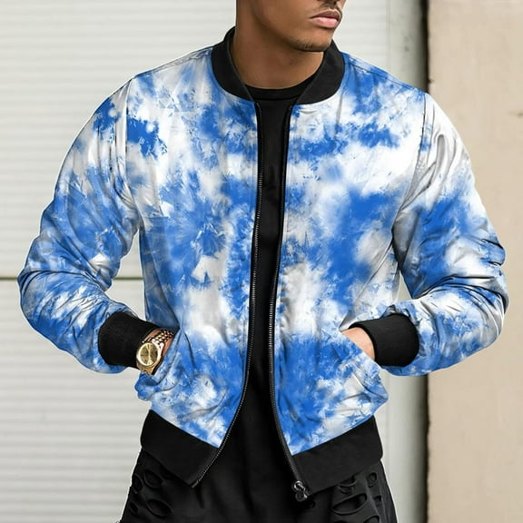 Utoimkio Men's Casual Stand Collar Jacket Tie-dye Printed Long Sleeve Full Zipper Jackets Fall Winter Outwear with Pockets