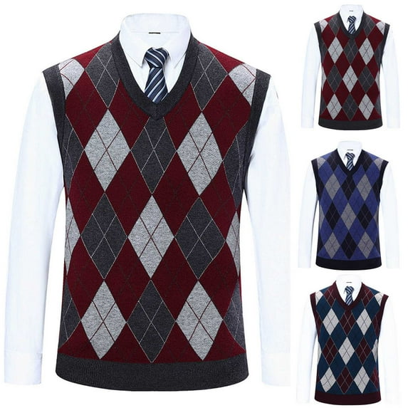 Utoimkio Men's Casual Sweater Vest Knitted V Neck Vintage Print Pullover Vests Fall Winter Pullover Tops