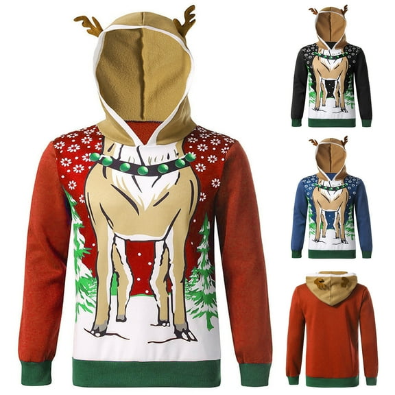 Utoimkio Men's Christmas Hooded Sweatshirts Pullover Long Sleeve Elk Print Hoodie Pullover Sweaters Casual Crewneck Sweatshirts Christmas Pullover Tops for Men with Pockets