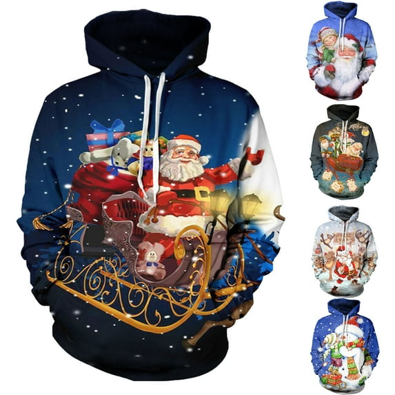 Utoimkio Men's Christmas Hooded Sweatshirts Pullover Long Sleeve Santa Claus Print Hoodie Pullover Sweaters Casual Crewneck Sweatshirts Christmas Pullover Tops for Men with Pockets