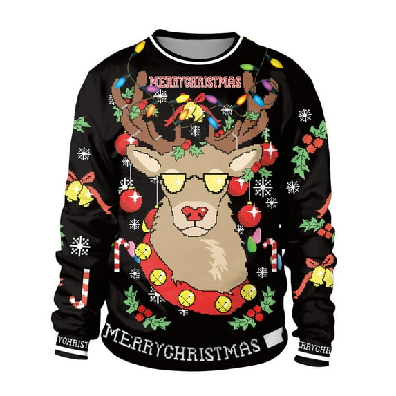Utoimkio Men's Christmas Pullover Sweatshirts Long Sleeve Cute Elk Print Crewneck Sweatshirts Lightweight Loose Fit Crewneck Christmas Pullover Blouse Tops