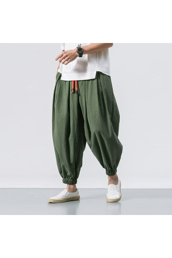 Men's Cotton Linen Harem Pants Drawstring Casual Cropped Trousers Lightweight Loose Beach Yoga Pants