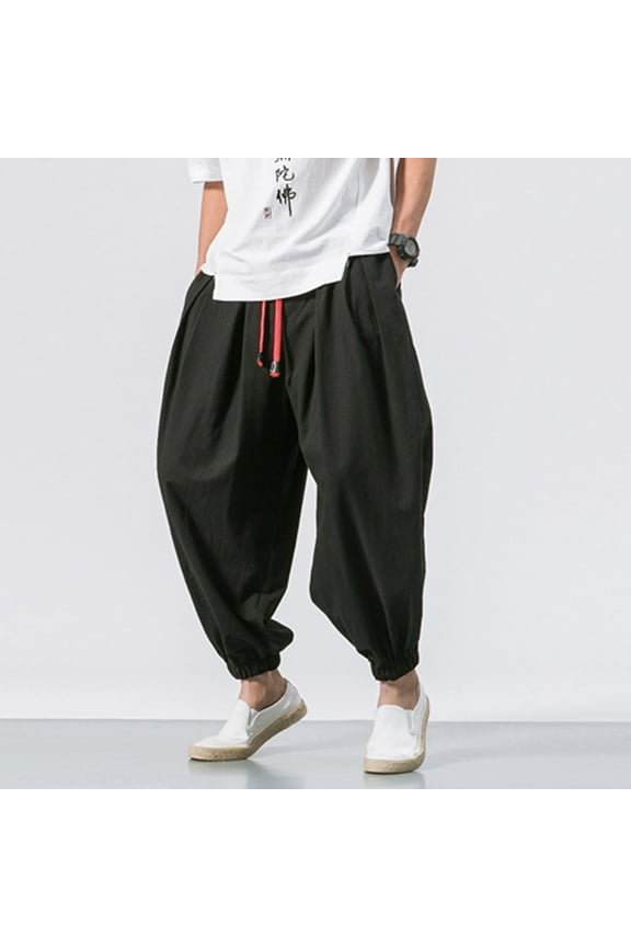 Men's Cotton Linen Harem Pants Drawstring Casual Cropped Trousers Lightweight Loose Beach Yoga Pants