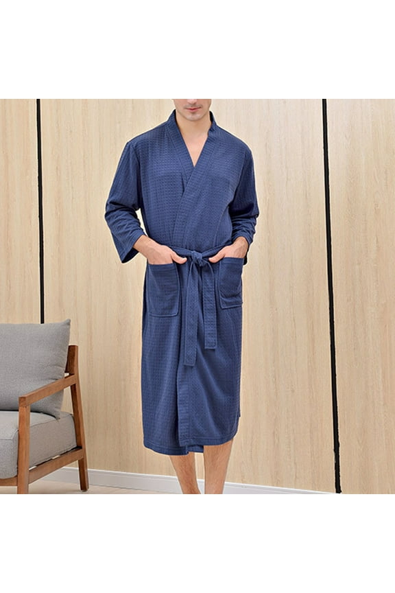 Men's Cotton Robe Plus Size Bathrobe Lightweight Spa Soft Sleepwear Full Length Loungewear House Robes with Pockets