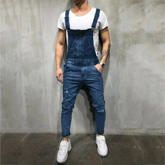 Utoimkio Men's Denim Bib Overalls Relaxed Fit Sleeveless Denim Jumpsuit for Men Square Collar Straight Leg Jumpsuit Rompers with Pockets