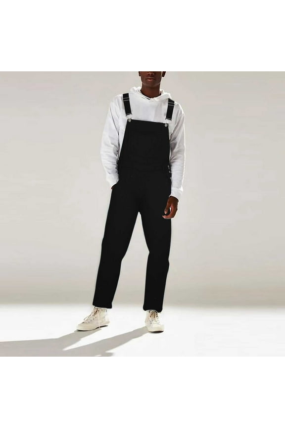 Men's Denim Bib Overalls Relaxed Fit Sleeveless Denim Jumpsuit for Men Square Collar Straight Leg Jumpsuit Rompers with Pockets