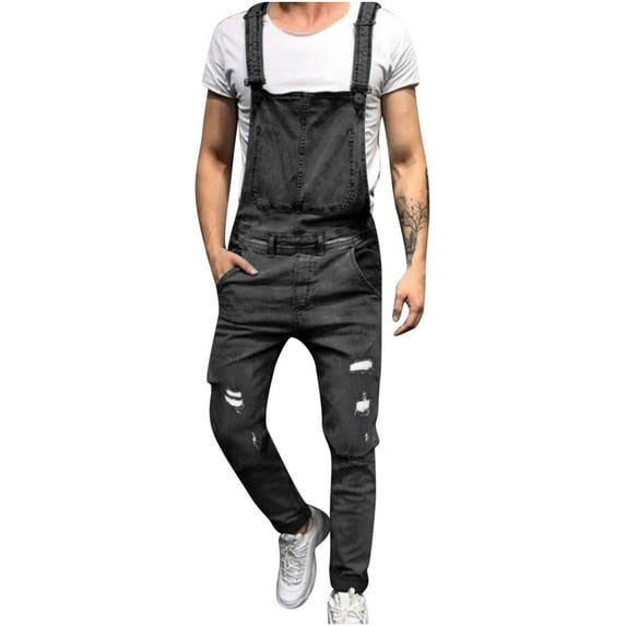 Utoimkio Men's Denim Bib Overalls Relaxed Fit Sleeveless Denim Jumpsuit for Men Square Collar Straight Leg Jumpsuit Rompers with Pockets