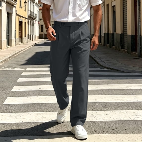 Utoimkio Men's Double Pleated Wide Leg Dress Pants Single Button Zipper Fly Khaki Business Casual Suit Trousers