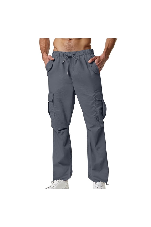 Men's Drawstring Cargo Pants Jogger Trousers Relaxed Fit Slacks Straight Leg Outdoor Lightweight Slacks with Multi Pockets