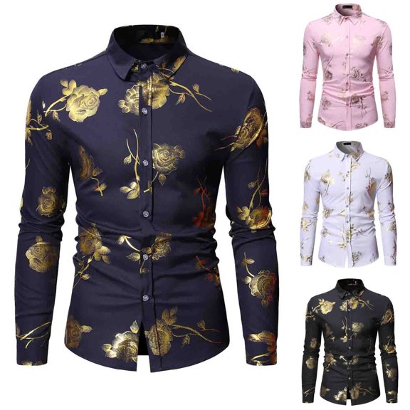 Utoimkio Men's Floral Dress Shirts Long Sleeve Casual Shirts Floral Embroidery Print Button Down Retro Shirt S-XXL