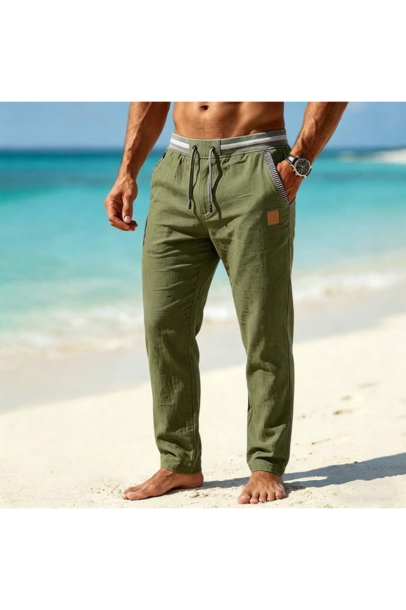 Men's Full Length Walking Pants with Side Pockets,Adjustable Drawstring Waist Soft Fabric Trousers for Vacation Daily Use
