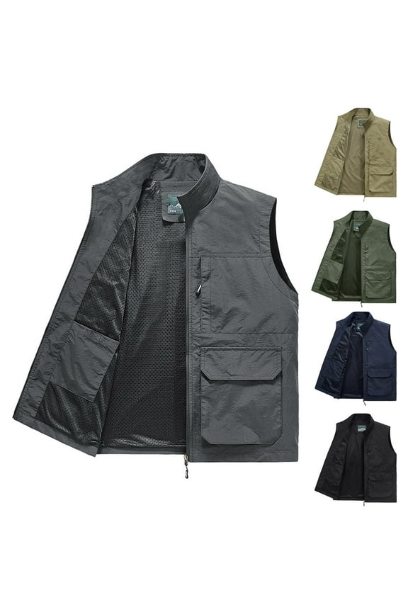 Men's Lightweight Work Vest Sleeveless Standing Collar Jackets with Multiple Pockets,Outdoor Travel Photography Sports Cargo Vest