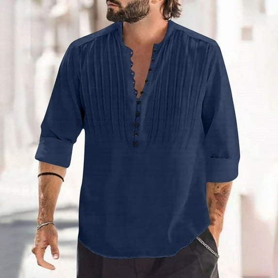 Utoimkio Men's Linen Button Down Shirts Casual Lightweight Long Sleeve V-Neck Pullover Blouses Tops for Men Loose Comfortable Breathable Shirt Blouse Tops