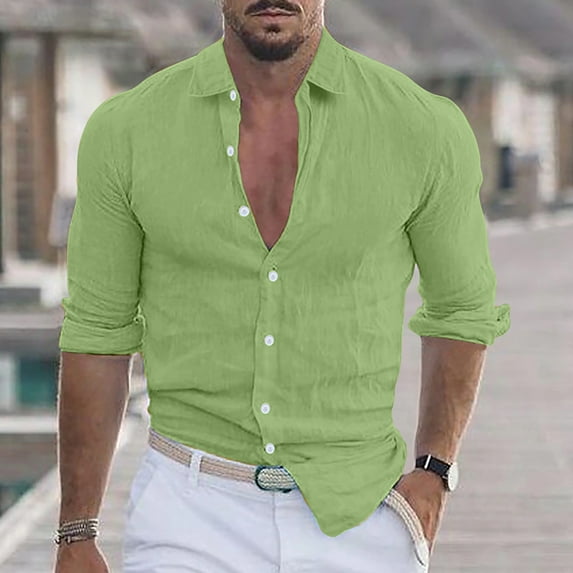 Utoimkio Men's Linen Button Down T Shirts Casual Lightweight Business Long Sleeve Turndown Collar Shirts for Men Casual Loose Summer Beach Shirt Tops