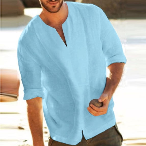 Utoimkio Men's Linen Shirts Casual Lightweight 3/4 Sleeve V Neck Solid Loose Shirt Summer Beach Shirt Tops for Men