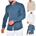 thumbnail image 1 of Utoimkio Men's Linen Shirts Casual Lightweight Long Sleeve Button Down Solid Business Casual Tops Spring Fall Stand Collar Shirt Tops for Men, 1 of 7