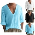 thumbnail image 1 of Utoimkio Men's Linen Shirts Casual Lightweight Loose Long Sleeve V Neck Pullover Blouse Summer Solid Beach Shirts Pullover Tops for Men, 1 of 6