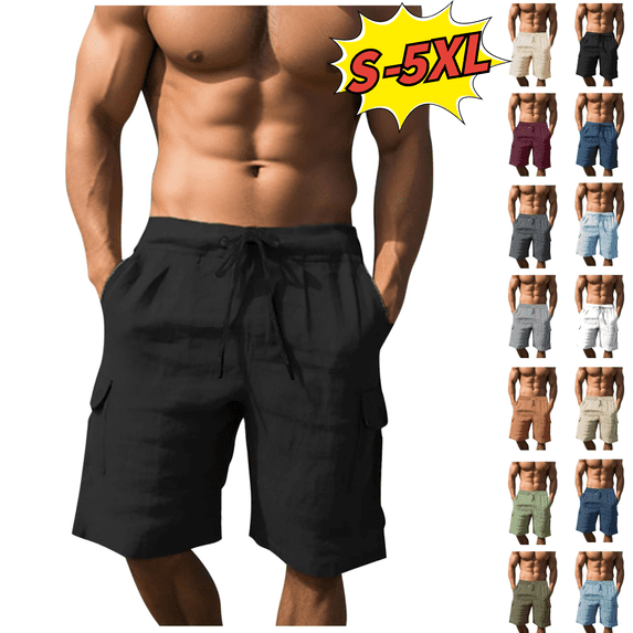 Utoimkio Men's Linen Shorts Casual Summer Beach Shorts Elastic Waist Drawstring Lounge Pants with Pockets Size S-5XL