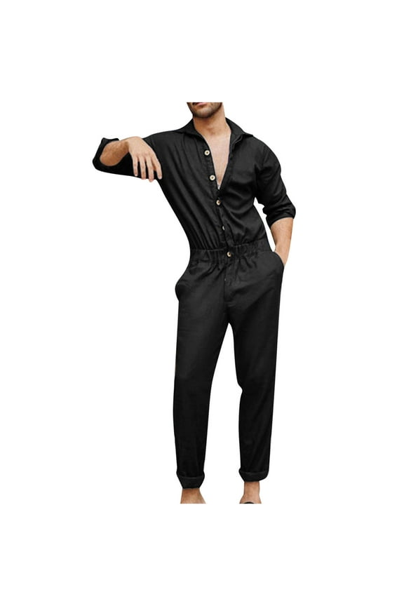 Men's Long Sleeve Button Down Lapel Coverall Jumpsuit,Stain & Wrinkle Resistant Mens Work Coverall with Pockets