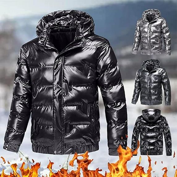 Utoimkio Men's Shiny Puffer Hooded Jackets Quilted Winter Warm Zip Stand Collar Casual Padded Short Bubble Hooded Coats Winter Outwear with Pockets