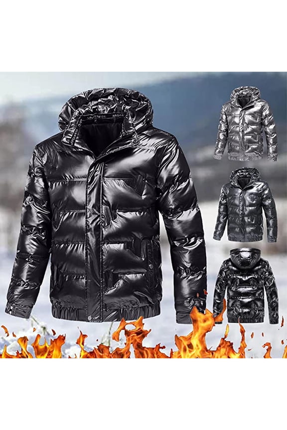 Men's Shiny Puffer Hooded Jackets Quilted Winter Warm Zip Stand Collar Casual Padded Short Bubble Hooded Coats Winter Outwear with Pockets
