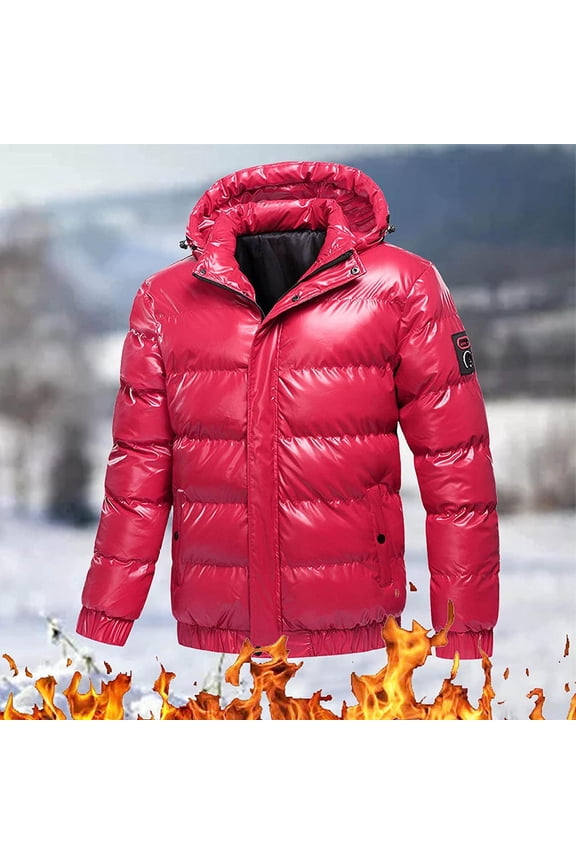 Men's Shiny Puffer Hooded Jackets Quilted Winter Warm Zip Stand Collar Casual Padded Short Bubble Hooded Coats Winter Outwear with Pockets