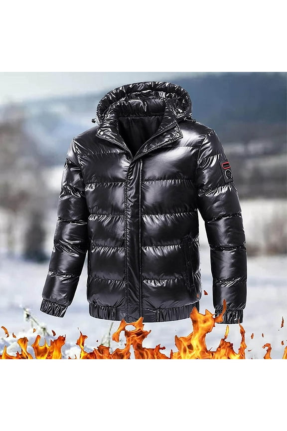 Men's Shiny Puffer Hooded Jackets Quilted Winter Warm Zip Stand Collar Casual Padded Short Bubble Hooded Coats Winter Outwear with Pockets