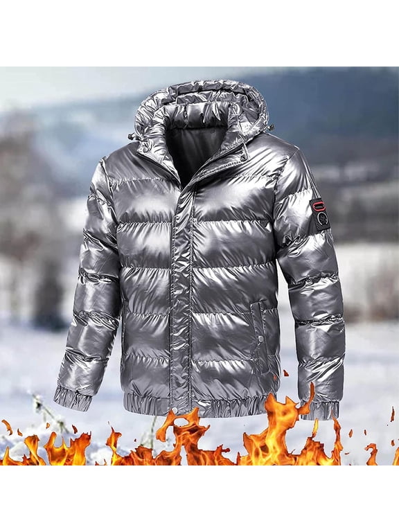 Men's Shiny Puffer Hooded Jackets Quilted Winter Warm Zip Stand Collar Casual Padded Short Bubble Hooded Coats Winter Outwear with Pockets