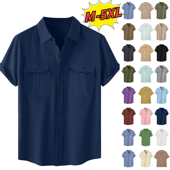 Utoimkio Men's Short Sleeve Button Down Shirts Casual Cotton Linen Shirts Business Work Summer Beach Tops with Pocket Size M-5XL