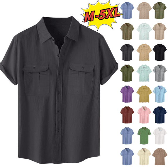 Utoimkio Men's Short Sleeve Button Down Shirts Casual Cotton Linen Shirts Business Work Summer Beach Tops with Pocket Size M-5XL