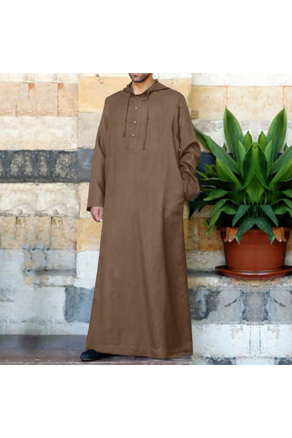 Men's Solid Muslim Robes Button Up Long Sleeve Kaftan Thobe Robe Splits Long Gown Casual Shirt Dress