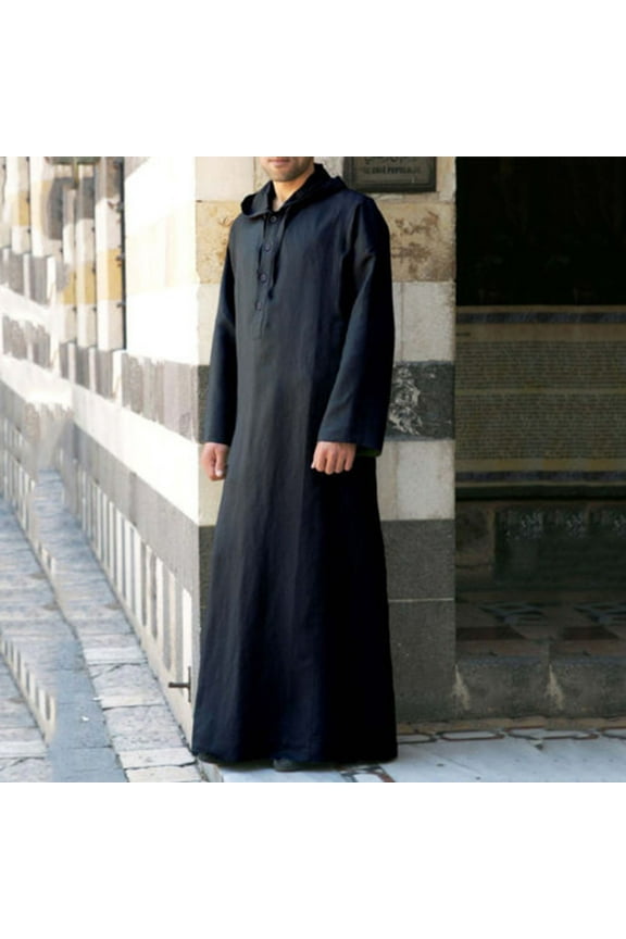 Men's Solid Muslim Robes Button Up Long Sleeve Kaftan Thobe Robe Splits Long Gown Casual Shirt Dress