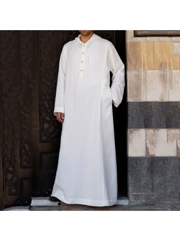 Men's Solid Muslim Robes Button Up Long Sleeve Kaftan Thobe Robe Splits Long Gown Casual Shirt Dress