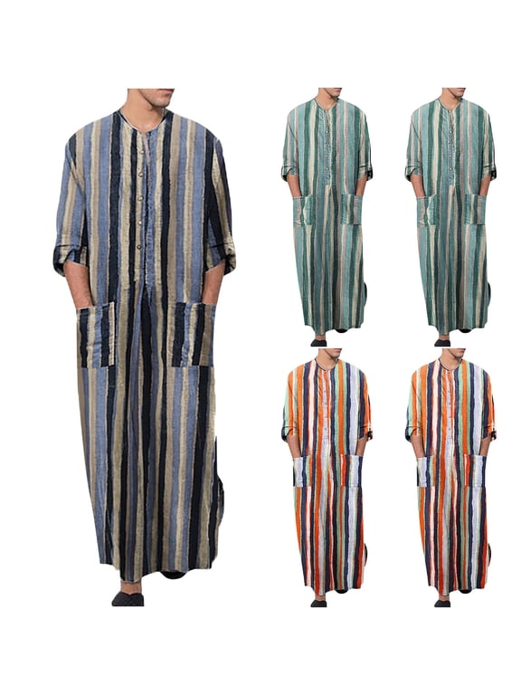Men's Striped Muslim Robes Button Up Long Sleeve Kaftan Thobe Robe Splits Long Gown Casual Shirt Dress