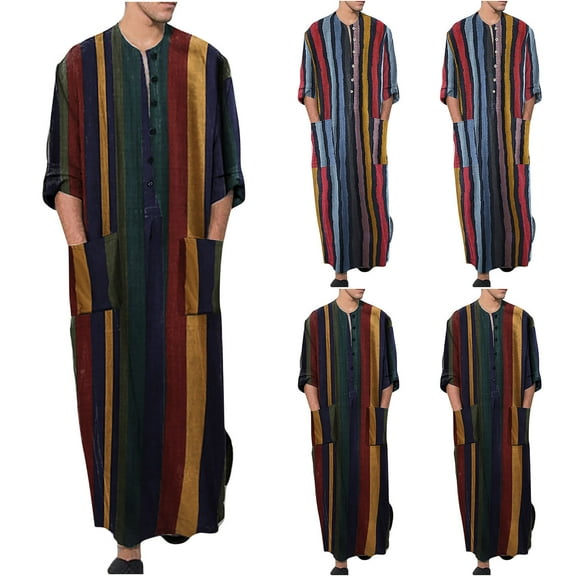 Utoimkio Men's Striped Muslim Robes Button Up Long Sleeve Kaftan Thobe Robe Splits Long Gown Casual Shirt Dress