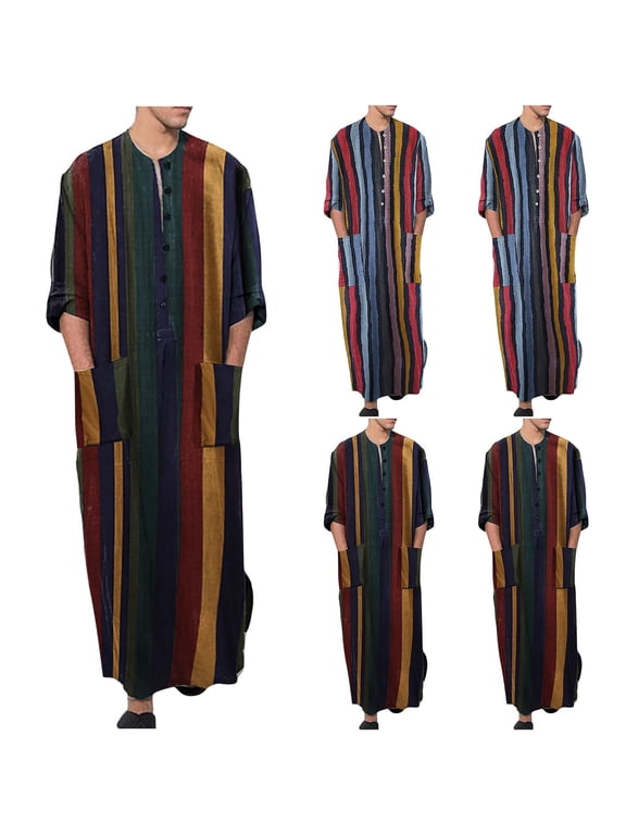 Men's Striped Muslim Robes Button Up Long Sleeve Kaftan Thobe Robe Splits Long Gown Casual Shirt Dress