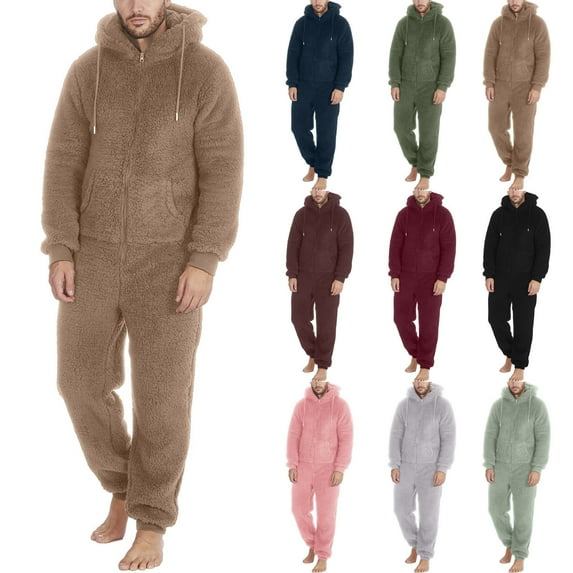 Utoimkio Men's Warm Fleece Hooded Onesie Jumpsuits One Piece Full Zipper Pajamas Playsuit Outdoor Camping Coverall Sleepwear