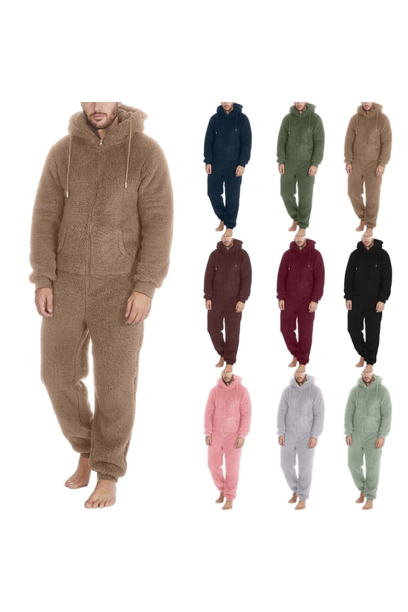 Men's Warm Fleece Hooded Onesie Jumpsuits One Piece Full Zipper Pajamas Playsuit Outdoor Camping Coverall Sleepwear