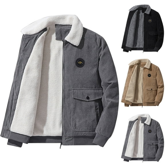 Utoimkio Men's Winter Thicken Fleece Jacket Long Sleeve Full Zipper Coat Lapel Collar Coats Fall Winter Outwear with Pockets