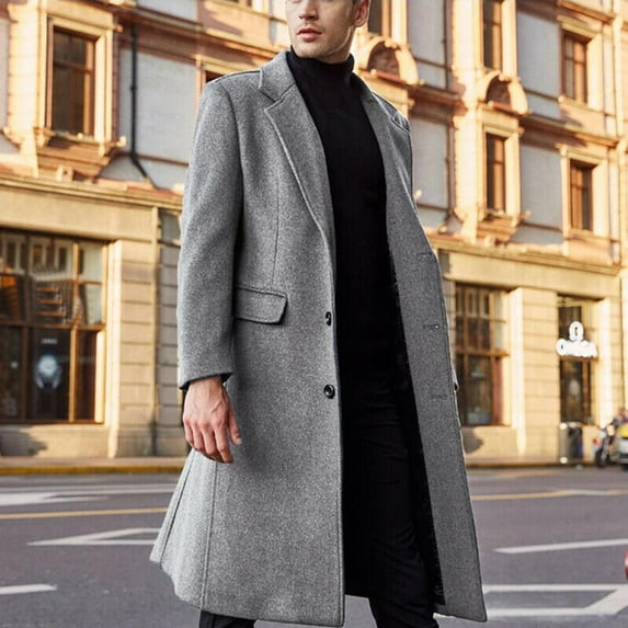 Utoimkio Men's Wool Trench Coats Winter Long Sleeve Single Breasted Classic Stylish Business Overcoats