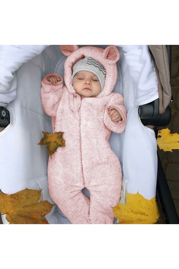 Newborn Baby Girl Boy Rompers Bear Ear Hooded Footed Jumpsuit Winter Fleece Warm Onesies Pajamas Long Sleeve Zipper Winter Coat Outfits for Kids 0-2 Years