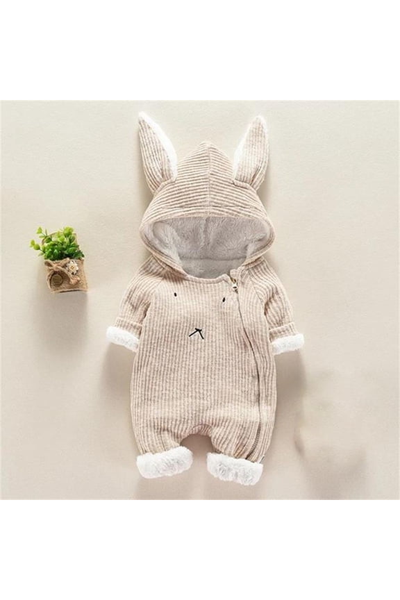 Newborn Baby Girl Boy Rompers Bunny Ear Hooded Jumpsuit Winter Fleece Warm Onesies Pajamas Long Sleeve Zipper Winter Coat Outfits for Kids Size 6-24M