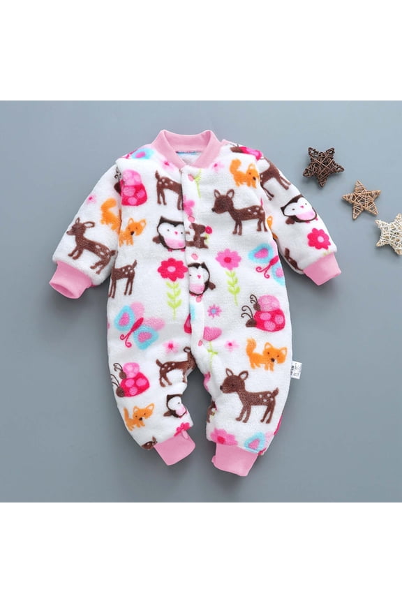 Newborn Infant Baby Romper Boy Girl Long Sleeve Floral Print One Piece Jumpsuit Winter Fleece Warm Outwear Clothes Pajamas Outfits for Kids 3-18M