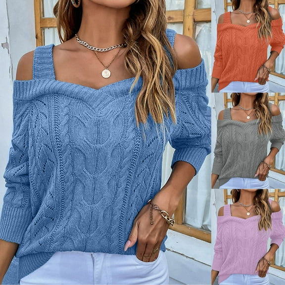 Utoimkio Off Shoulder Summer Sweaters for Women Long Sleeve Crewneck Casual Pullover Sweaters Solid Knitted Outwear Jumper Tops