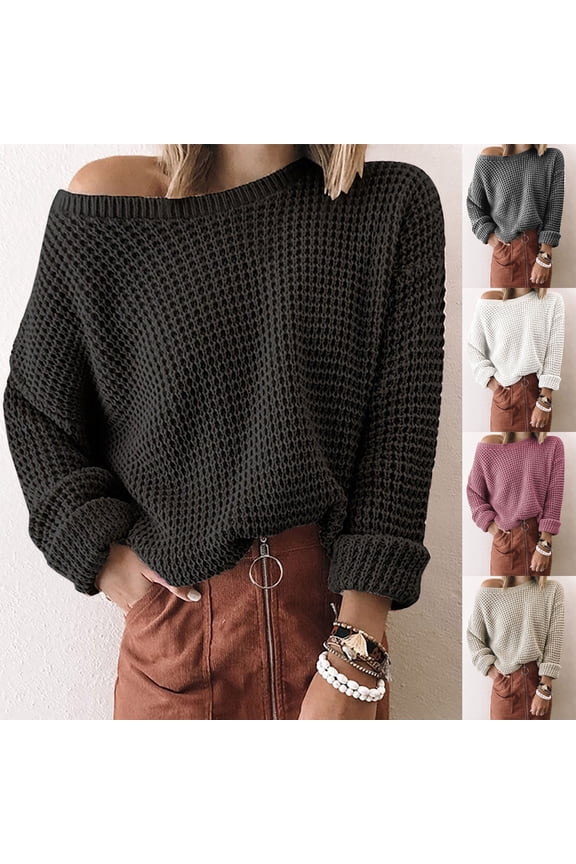 Off Shoulder Tops for Women Long Sleeve Crewneck Loose Fit Pullover Sweaters Solid Knitted Outwear Jumper Tops