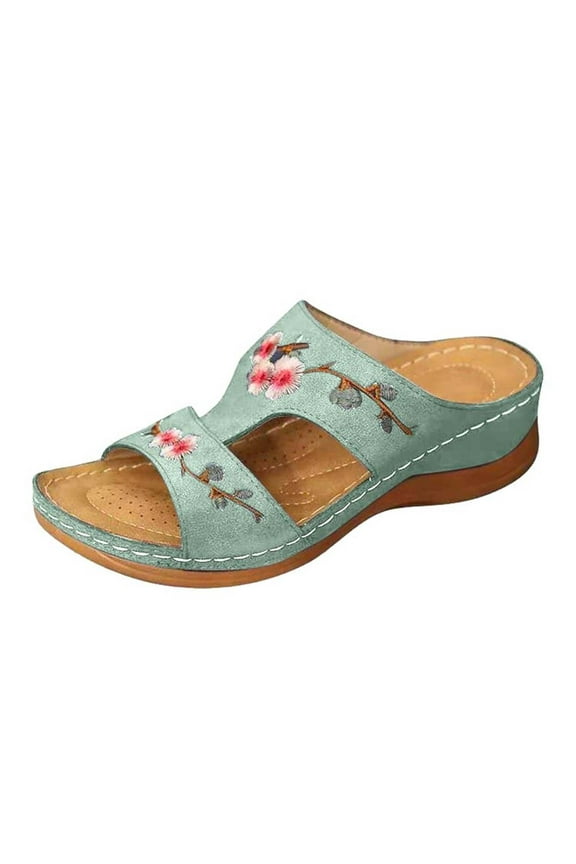 Open Toe Platform Wedge Sandals for Women Dressy Flower Embroidery Casual Summer Flat Slippers Comfortable Slip On Orthopedic Walking Shoes