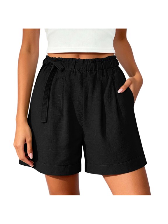 Paperbag Waist Tie Front Casual Shorts for Women Elastic Drawstring High Waist Pleated Cuffed Hem Textured Summer Walking Shorts with Side Pockets