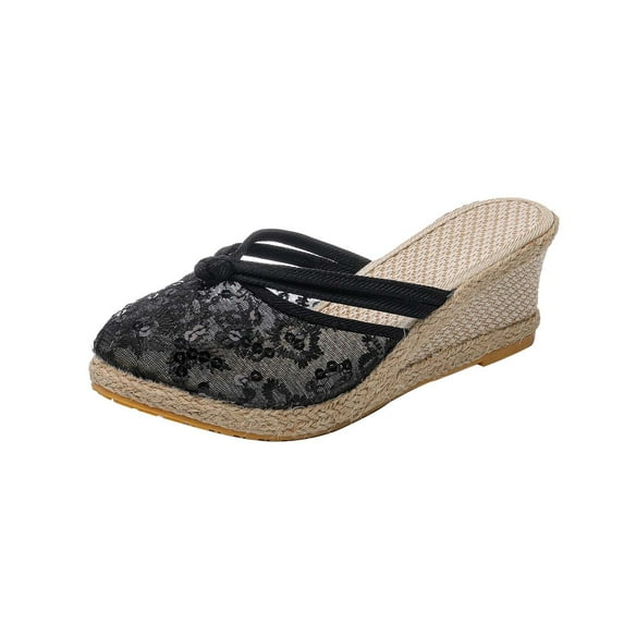 Utoimkio Platform Sandals for Women Plus Size Women's High Heels Shoes Linen Straw Sandals Wedges Casual Dress Lace Slippers